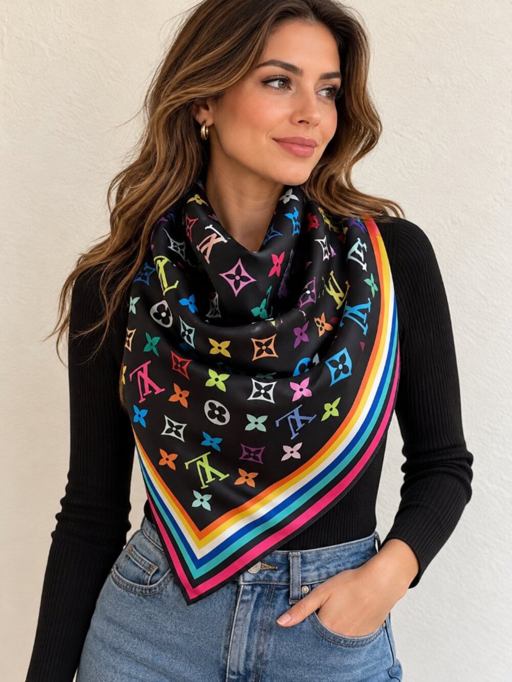 Multicolor Monogram Black Silk Square Scarf Rainbow Border